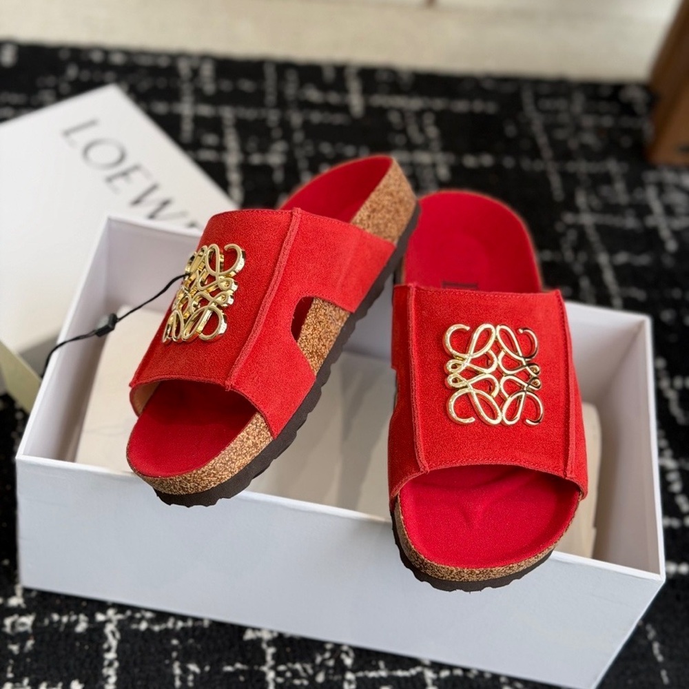 Loewe Red Suede Slide Sandals with Gold Anagram